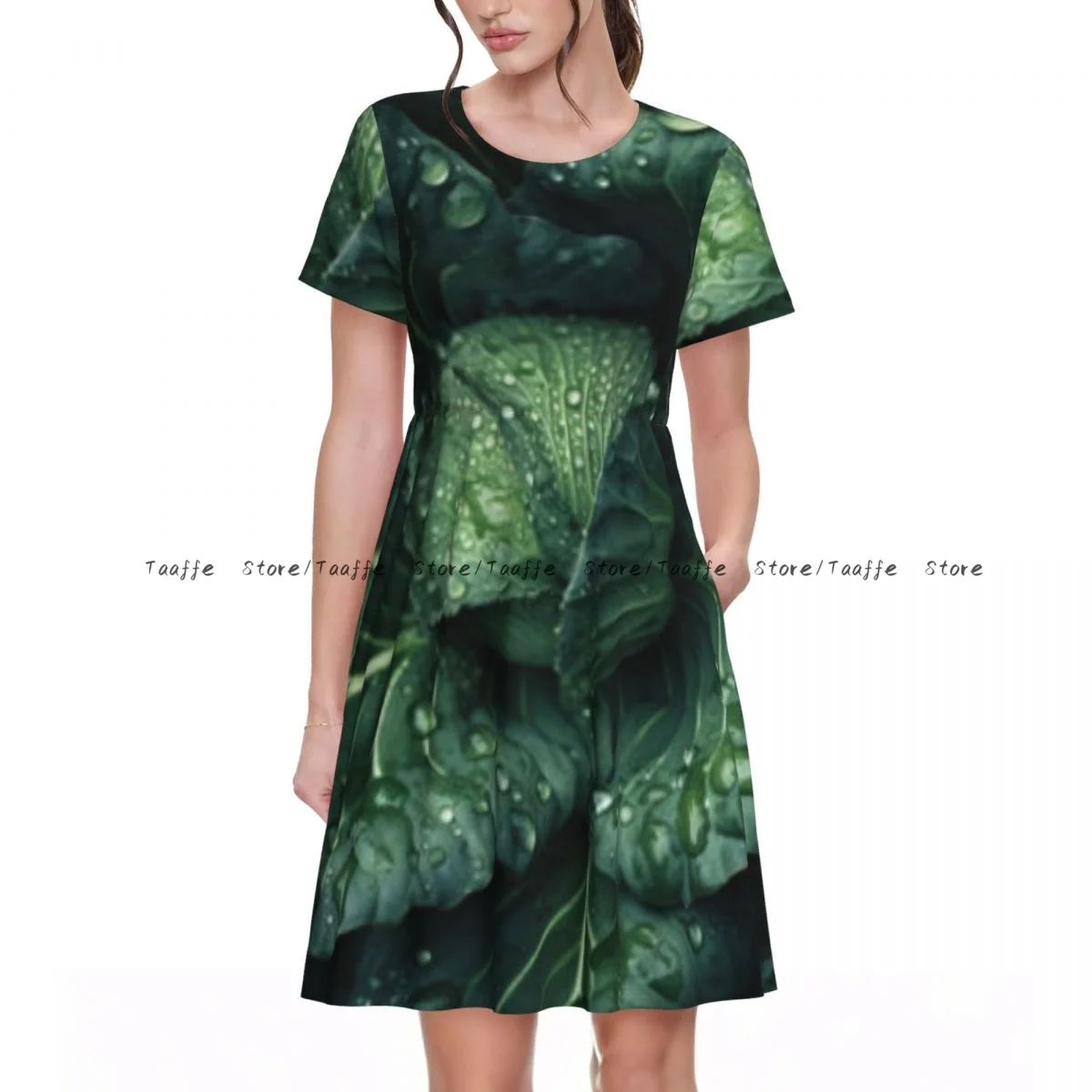 Damen Lässiges Elegantes Kleid mit Frischkohl- und Wassertropfen-Print, Kurzarm, Locker Geschnittenes Kleid für Wochenende und Urlaub