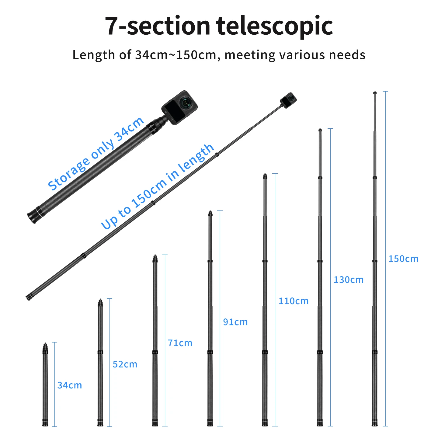 Einziehbares 3M Carbonfaser-Einbeinstativ-Selfie-Stick mit 1/4-Zoll-Stativadapter für Insta360 X6, Magnetic DJI OSMO 360, Pocket4, Action6 Kamera – Detail 9