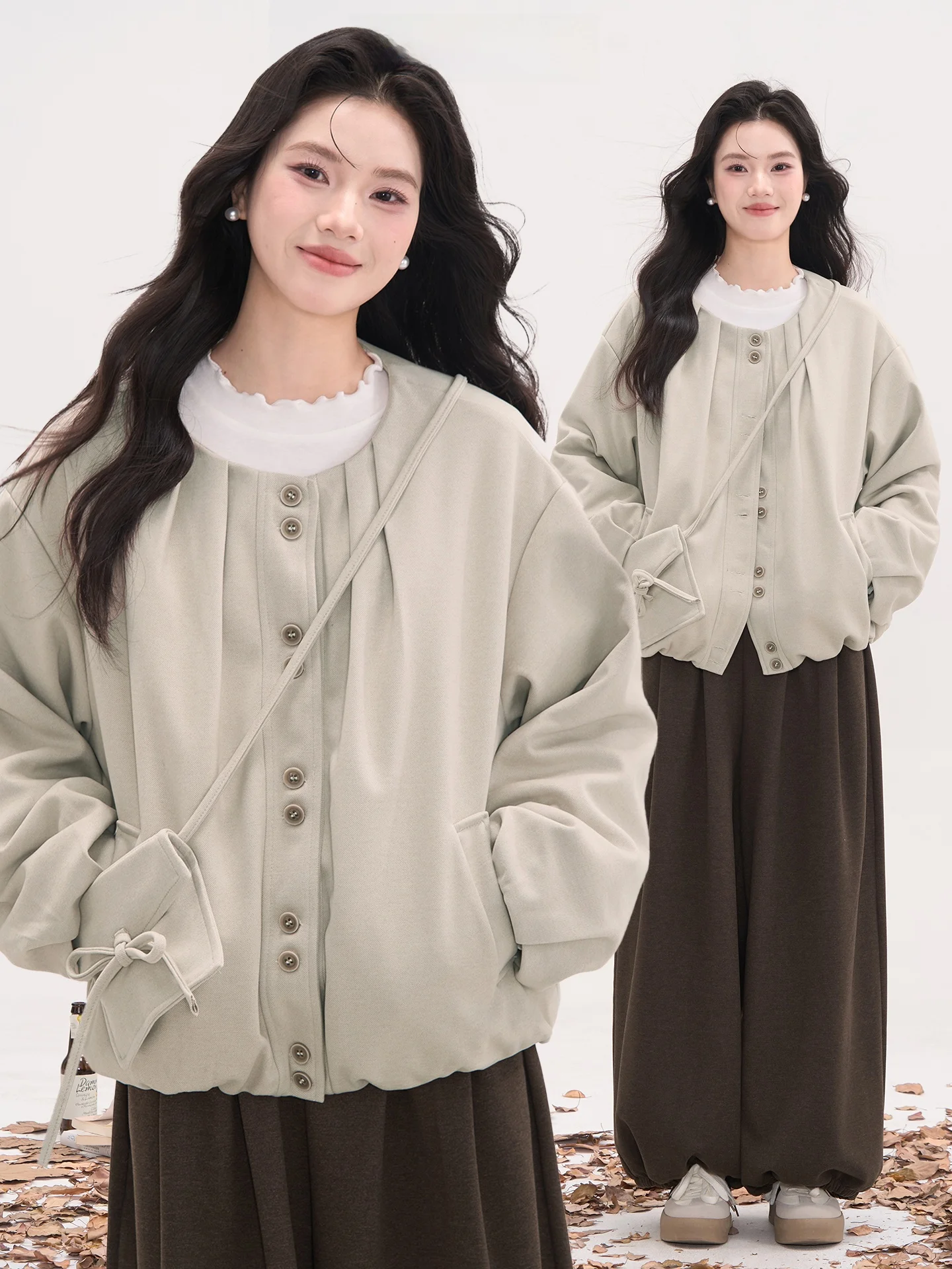 

Зимнее шерстяное пальто Heme для женщин, повседневное, с круглым вырезом, с цветочным узором, удлиненное, из полиэстера...