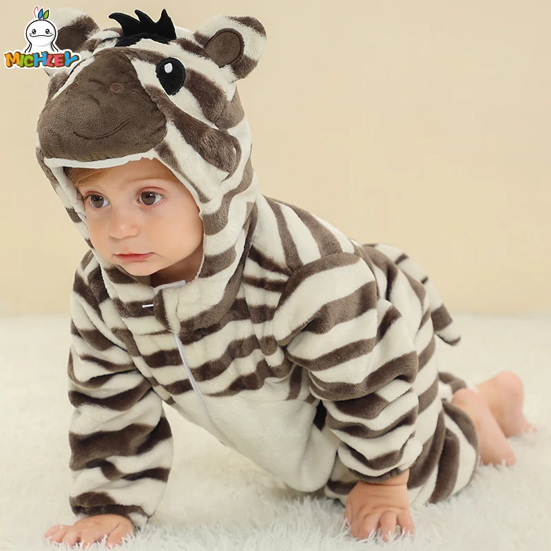 MICHLEY Halloween Cute Zebra Baby Rompers Winter Clothes Costume Flannel Hooded Bodysuits Pajamas Animals Jumpsuit For Girls Boy