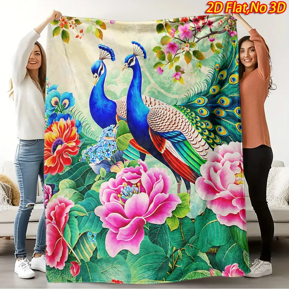 1pc 2D Flat Printing Spring & Summer New Arrival Double Peacock Floral Themed Flannel Blanket, 100% Polyester Fiber HD Digital P