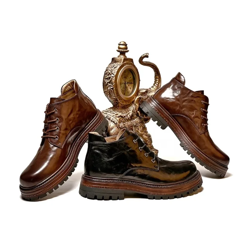 

Handmade Genuine Leather Thick Sole Ankle Boots Men's Shoes Fashion Lace Up Round Toe Riding Outdoor Casual Work Chelsea Boots