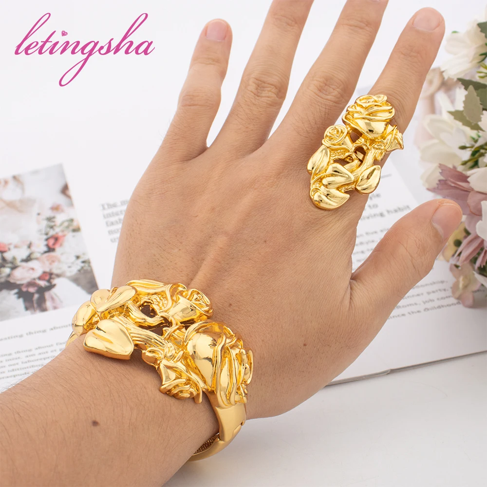 Dubai 18k Gold Plated Bangle Ring Set African Luxury Bangles Bracelet Jewelry Set for Women Daily Wear Party Gift Jewellery