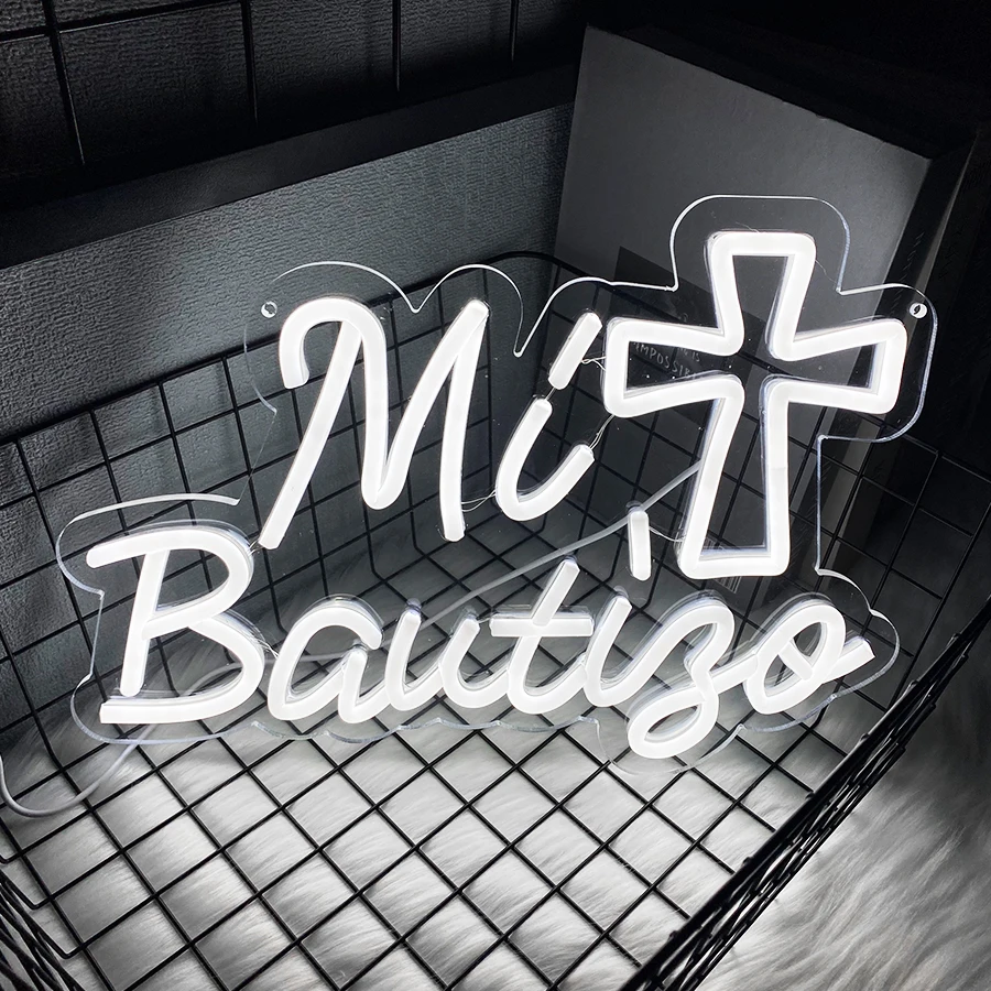 Mi Bautizo Led Neon Sign Baptism Decor Gift, Cross Icon Is Used For Christian Easter Wall Lamp In Bedroom Bathroom Living Room.