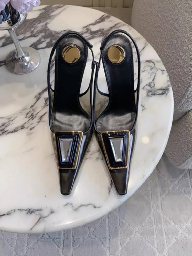 Women's Transparent PVC Square Gold Buckle Slingback Pumps Cutout Metallic Stiletto Heels Pointed Toe Luxury Designer view 3