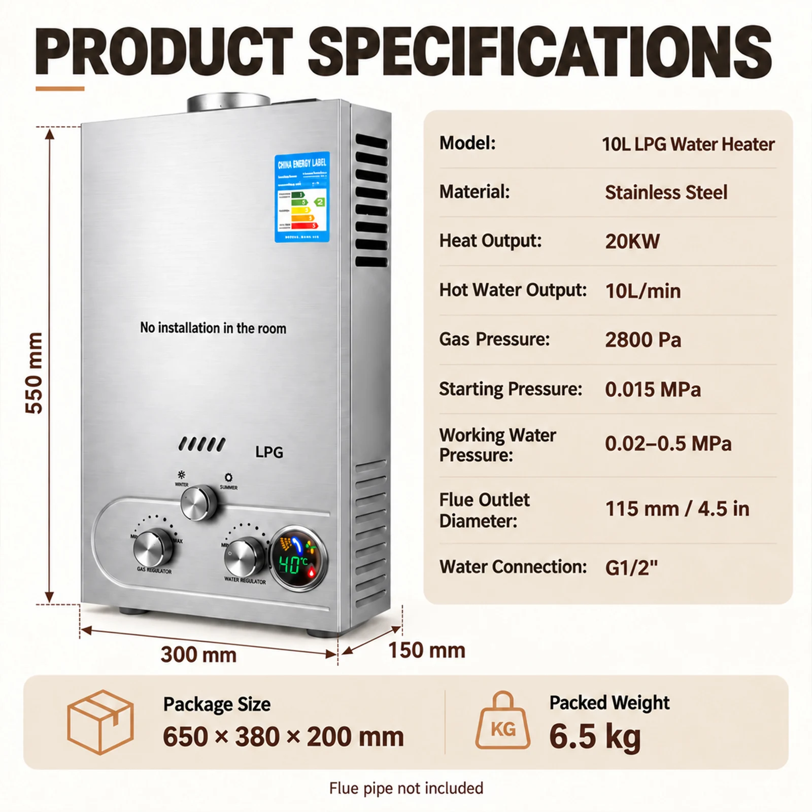 SIHAO 6-18L White/Steel/Silver LPG Wall-Mounted Tankless Gas Water Heater with Shower Head Kit Digital Display for Propane & Butane Camping RVs Cabin Outdoor Home Bathroom Use