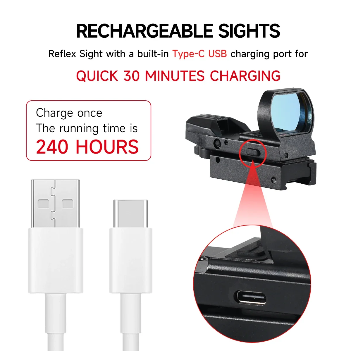HD101R Red Dot Sight with Type-C USB Rechargeable Sight 4 Reticle Airsoft  Reflex Scopes Tactical Scope For 20mm Rail