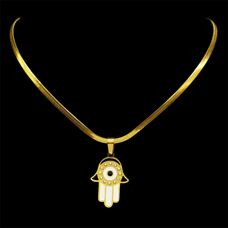 Vintage Rhinestone Evil Demon Eye Black Enamel Pendant Necklace for Women Stainless Steel Gold Plated  Hamsa Hand Jewelry Gift