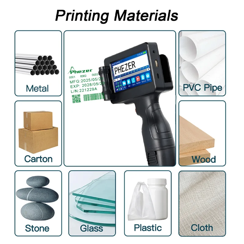Phezer 12.7mm Handheld Inkjet Printer and Green Ink  28 Languages Label Printer Date Number Expiry Date Logo QR Bar Batch