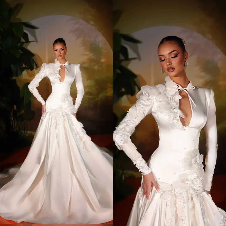 Customized High Collar Sparkly Pearls Flowers  Wedding Dress Vestidos De Novia Sweep Train  Elegant  Long Sleeves  Bridal Gown