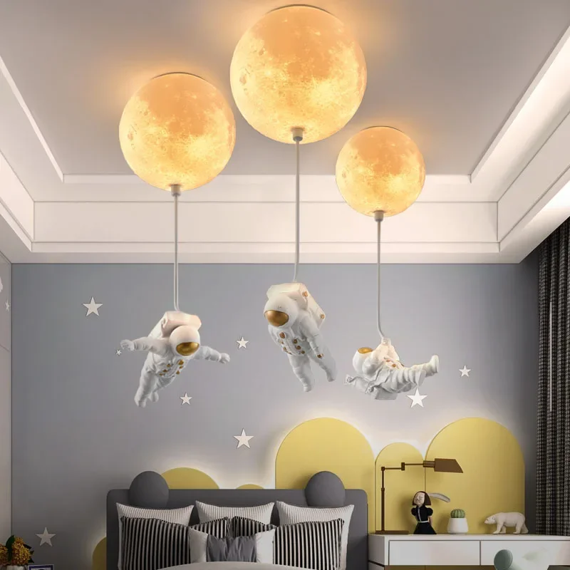 Planet Chandelier Children\'s Room Light Creative Boy Girl Bedroom Light 3D Printed Moon Spacemen Ceiling Chandelier Home Decor