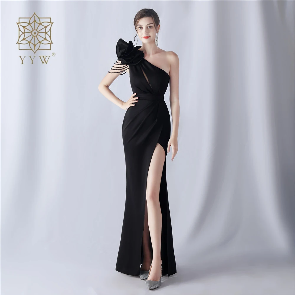 

One Shoulder Soft Satin Evening Dress for Woman Sexy Slit Party Maxi Dress Candy Color Formal Dress Long