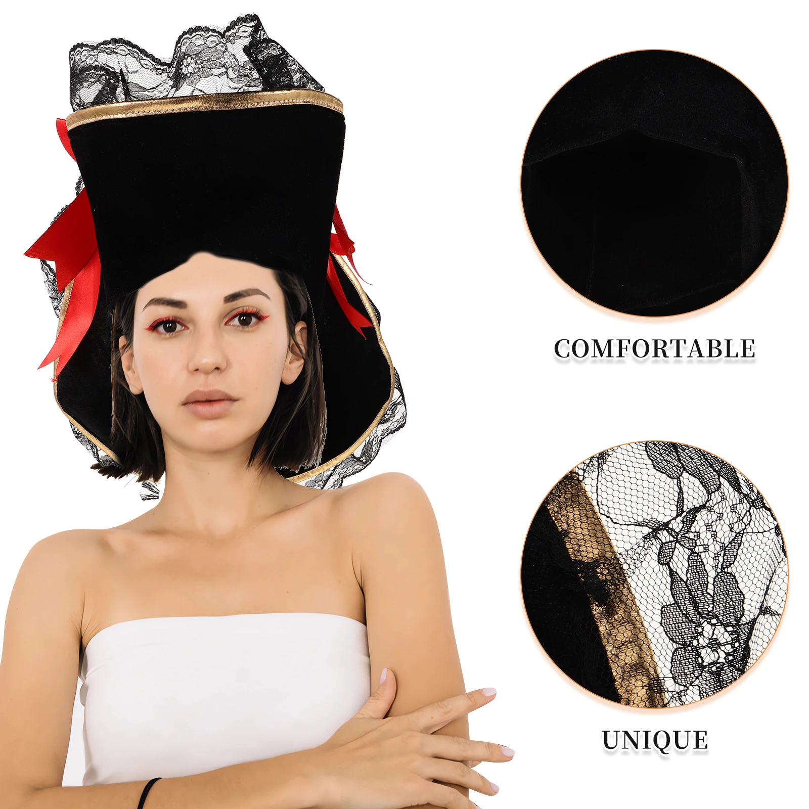 Rote Schleife Piratenkapitän Buccaneer Hut Spitzenbesatz Halloween Kostüm Piraten Kopfbedeckung Party Cosplay für Frauen Erwachsene