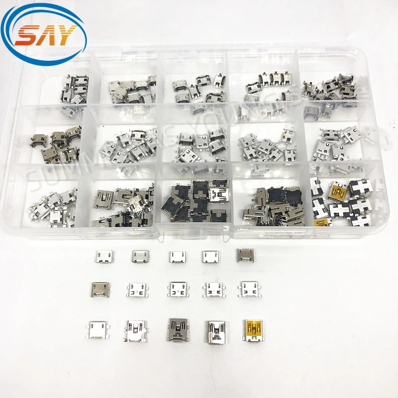 100% NEW 150PCS/Box 15Models  USB Charging Dock Connectors Mix 5Pin  Use for Phone and Digital Product Repair kit