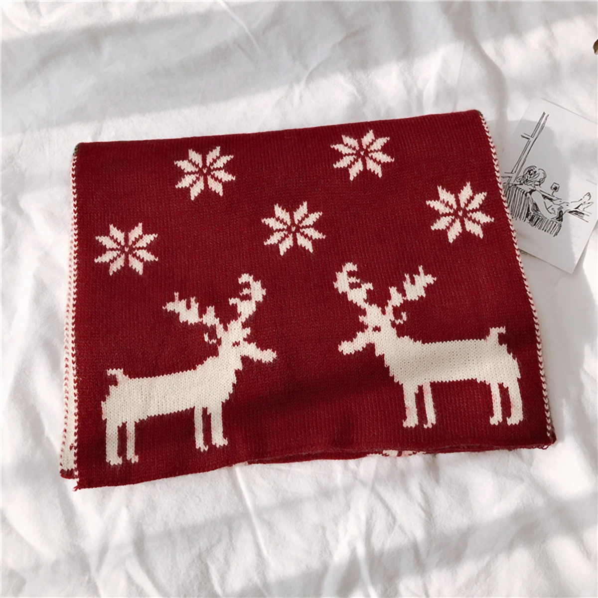 New Christmas Women Men Scarf Double-Sided Deer Elk Teenager Girls Boys Knitted Shawl Adult Winter Scarves Family New Year Gift