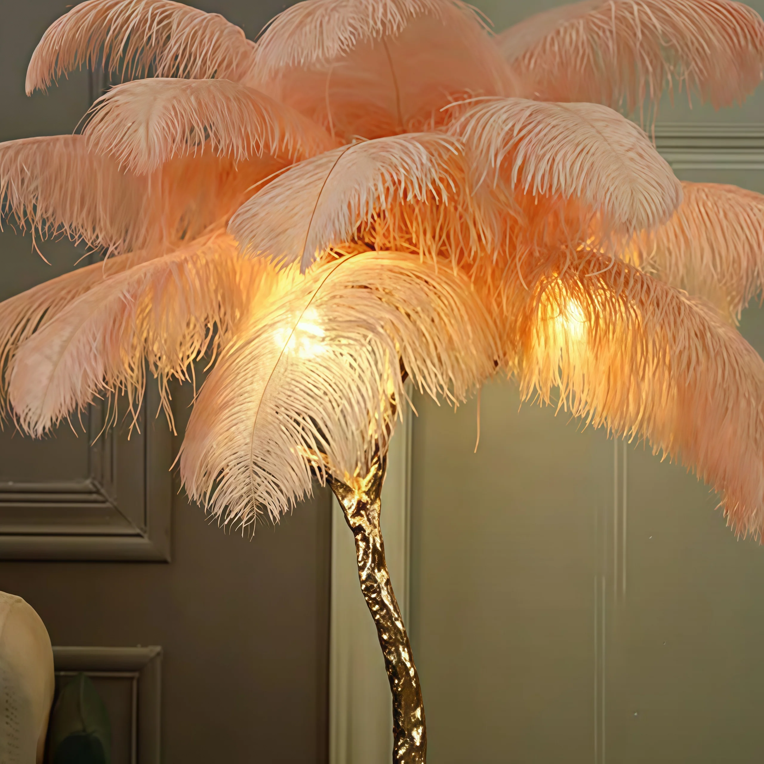 

Nordic LED Floor Lamp Living Room bedroom Indoor New Fashion Ostrich Feather Deco Luminaire Gold Resin Tripot Standing Lamps