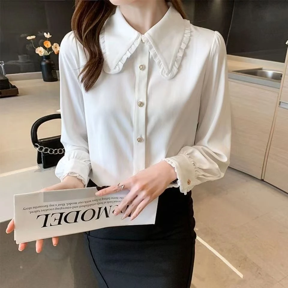 2026 Summer Ladies White Shirt Long Sleeve Slimming Waist Tapered Elegant Fashion Top