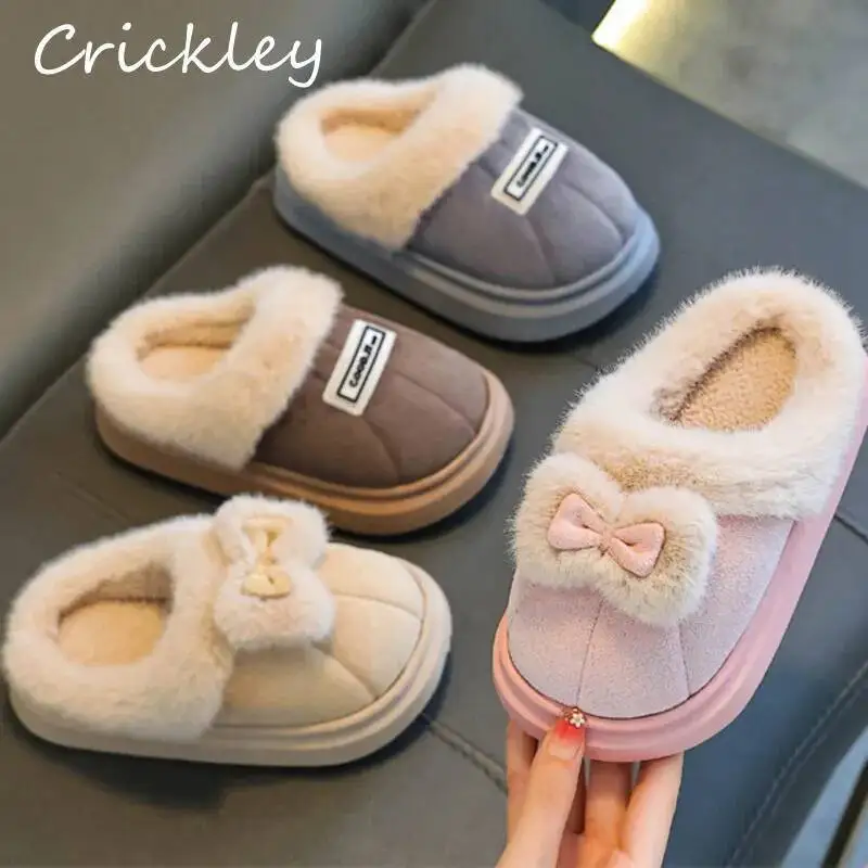 

Solid Bow Furry Kids Slippers Winter Indoor Anti Slip Thick Slippers For Children Comfortable Warm Plush Home Boys Girls Shoes