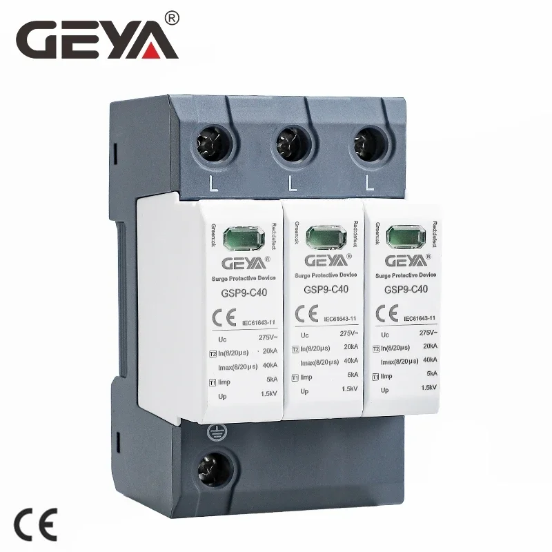 GEYA GSP9 Din Rail 3P SPD AC275V 385V 400V 440V House Surge Protector Protective Low-voltage Arrester Device 40KA