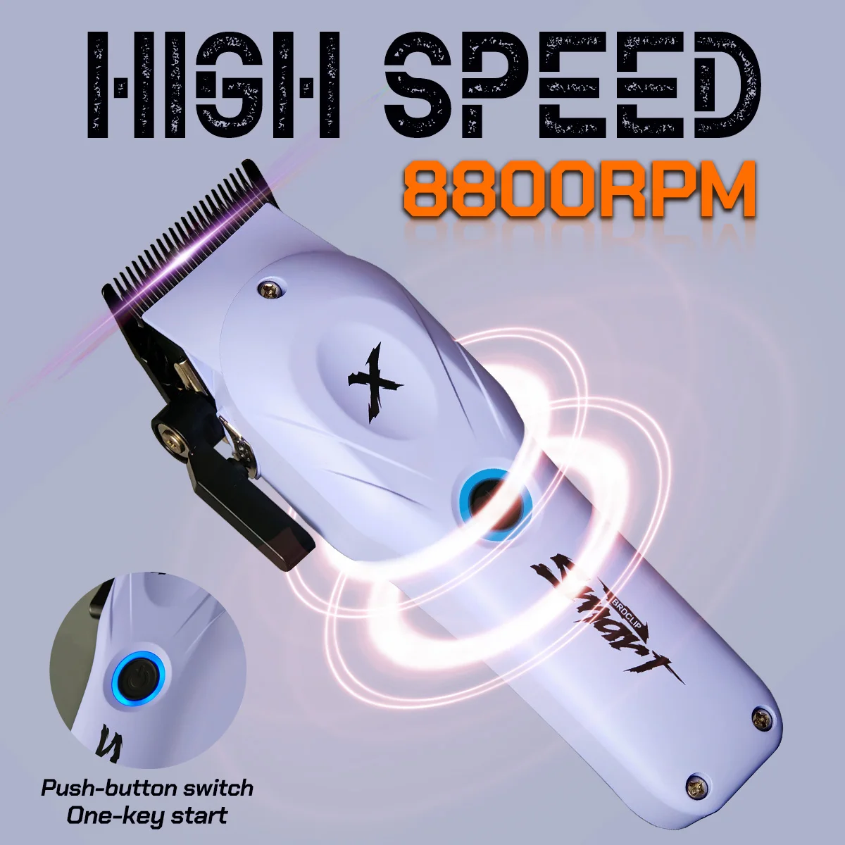 

Профессиональная машинка для стрижки волос BRDCLIP Purple с бесщеточным мотором 8800 об/мин, аккумулятором 4500 мАч, лезвием DLC, 5-ступенчатой регулировкой скорости и зарядной базой.