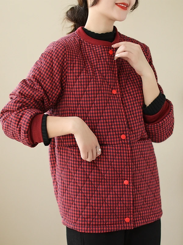 الرجعية منقوشة القطن Jaet المرأة الشتاء خفيفة الوزن فضفاضة التخسيس البيسبول طوق معطف القطن الدافئ طويل Sve زر حتى