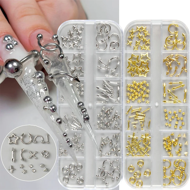 

12 Grids Gothic Punk Retro Metal Nail Jewellery 3D Gold Silver Rhinestone Accessories DIY Glamour Art Decoration Charms