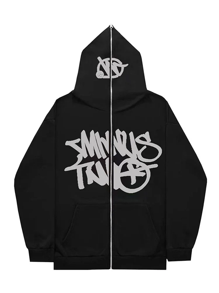 Autumn And Winter Men\'s and Women\'s Letter Printed Hooded Sweatshirt Retro Y2k Zipper Hooded, Fashionable Punk Harajuku Casual