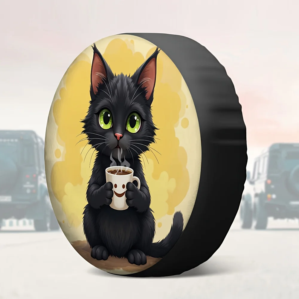 1 шт. чехол для внедорожных шин с 2D-печатью, дизайн «Черная кошка и кофе», 100% полиэстер, без электричества, для использования на день рождения, для внедорожных шин