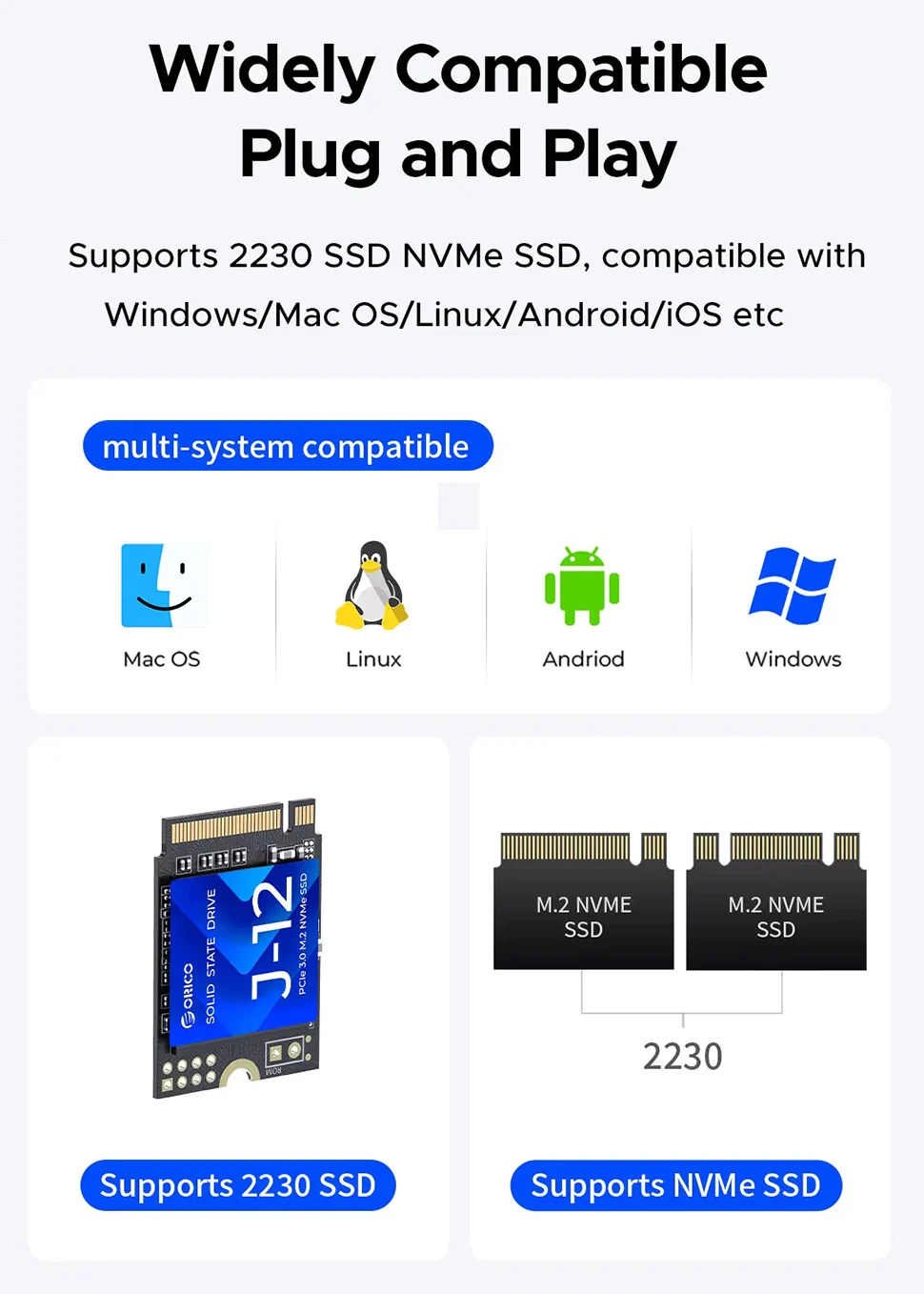 ORICO Portable M.2 2230 NVMe SSD Case 10Gbps External Hard Disk Enclosure USB C 3.2 Gen 2 M2 Housing Storage Box for PC Laptop