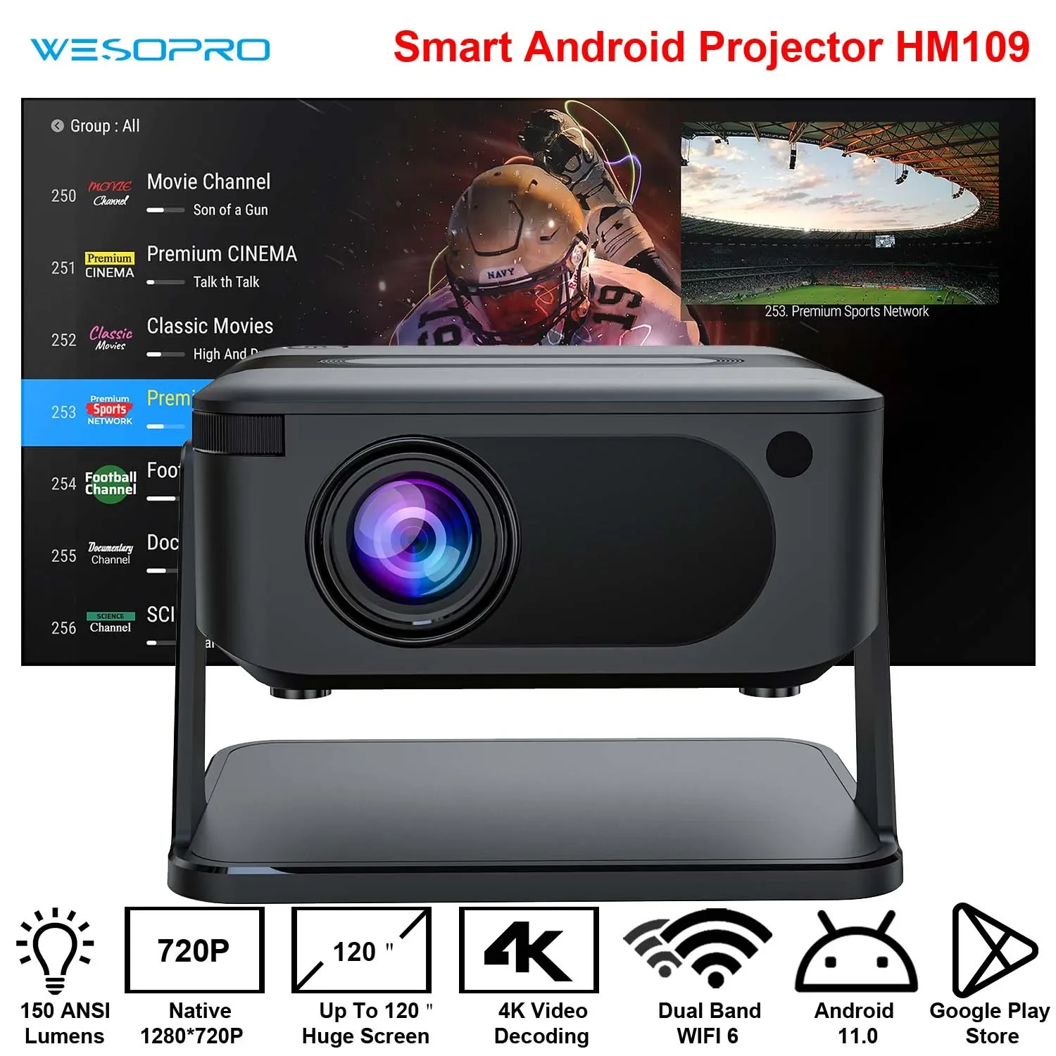 Мини-проектор WESOPRO Smart 4K, портативный с Wi-Fi 6, Bluetooth 5,0, Android 11, автоматический Keystone для домашнего кинотеатра, развлечений Мини-проектор WESOPRO Smart 4K, портативный с Wi-Fi 6, Bluetooth 5,0, Android 11, автоматический Keystone для домашнего кинотеатра, развлечений
