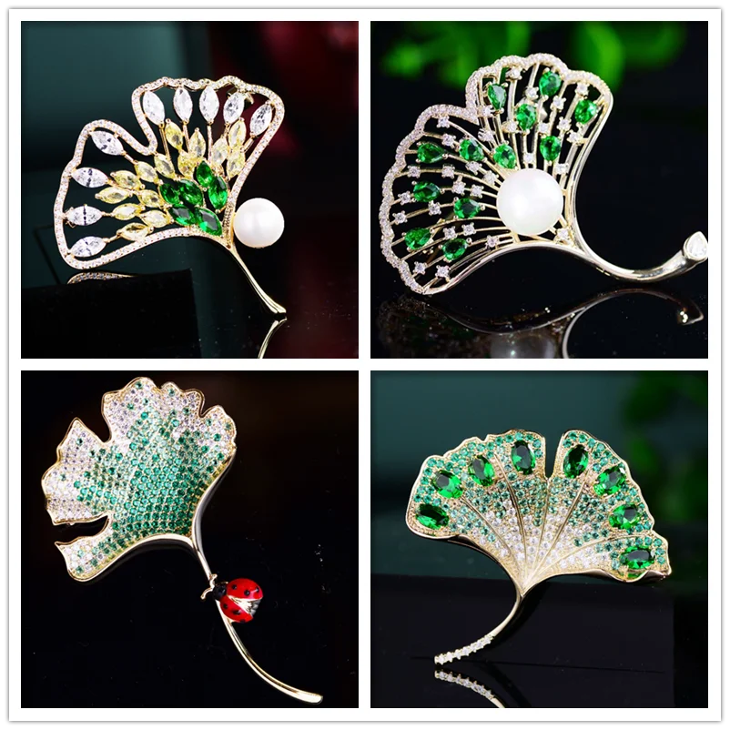 

2022 New Luxury AAA Cubic Zirconia Ginkgo biloba Brooches for Women Men Clothing Temperament Accessories Leaf Pearl Corsage Pins