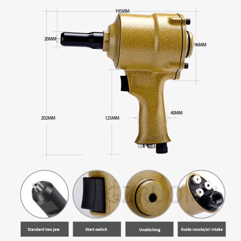 Handheld Powerful Pneumatic Air Blind Rivet Gun Two-Jaw Automatic Nail Suction Double Cylinder Riveting Tools Pull Force 1848KGS