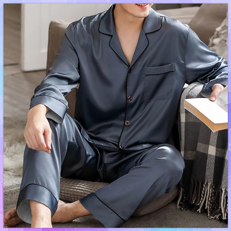 

Men's Pajamas Set Rayon Silk Satin Pijama Turn-Down Collar Nightwear Sleepwear Long Sleeve Spring Male 2 Pieces Sets Homewear