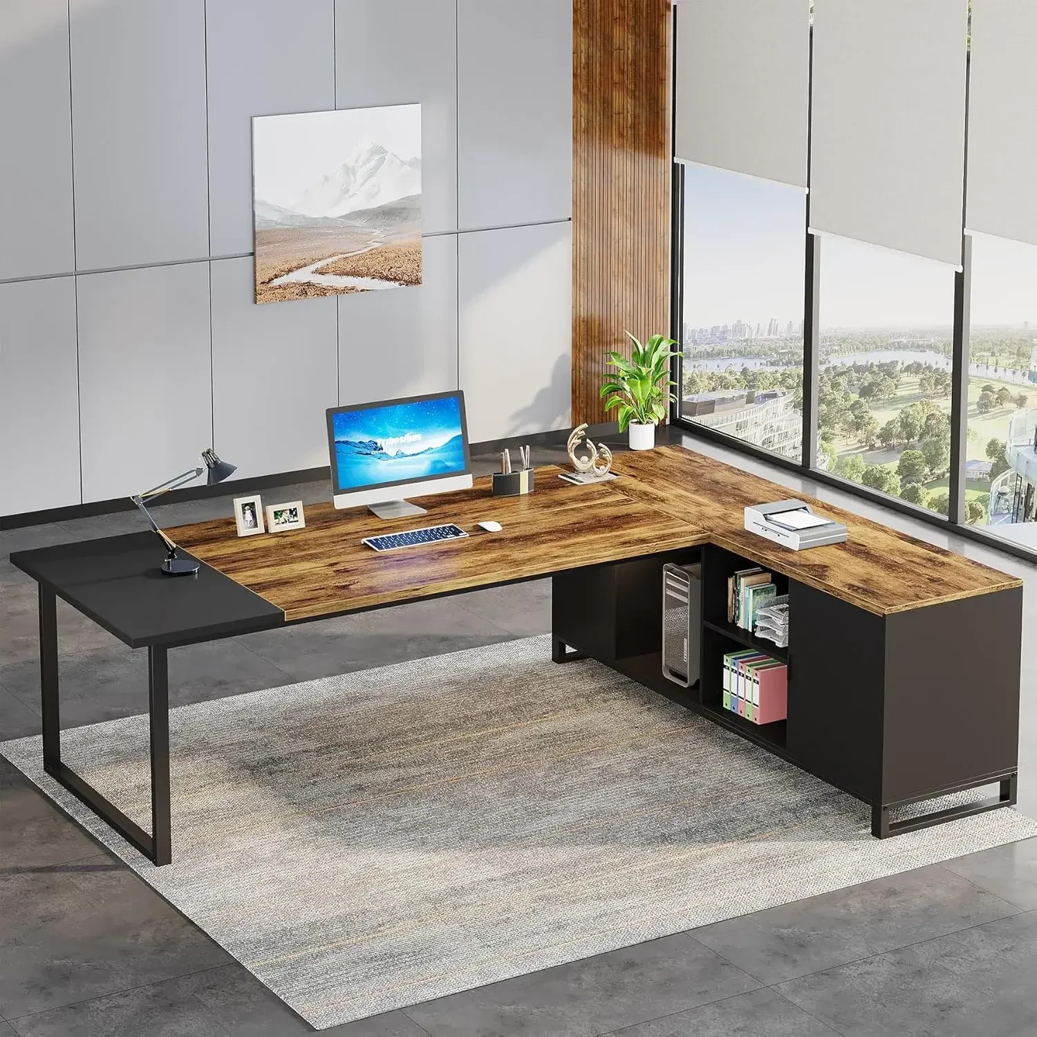 

70.8" Executive Desk with 55" File Cabinet, Modern L Shaped Computer Desk with Storage Shelves and Cabinet,Home Office