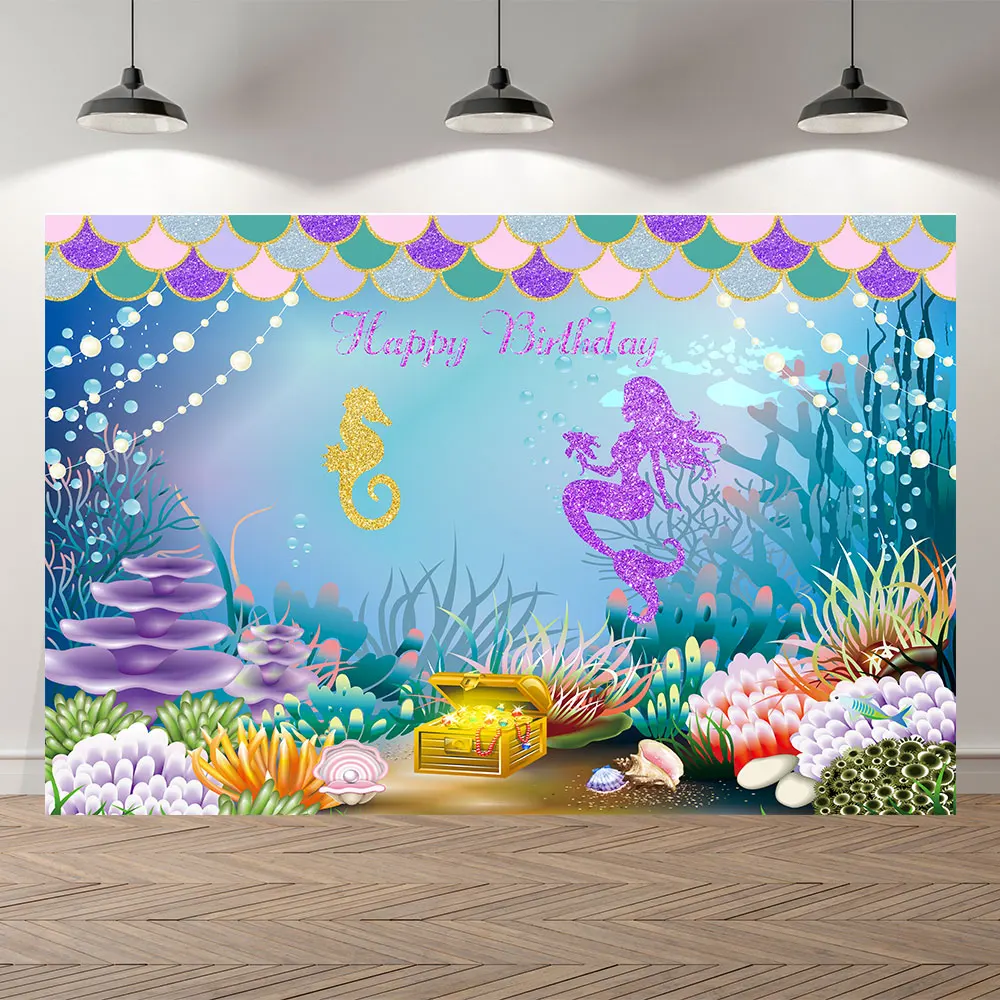 Nitree Little Mermaid Princess Under Sea Bed Castle Corals Photography Backdrop Baby Shower Birthday Party Photo Background