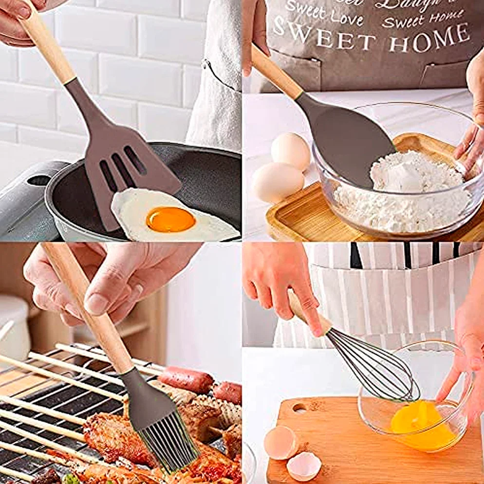 Hot 1 Pcs Silicone Kitchen Cooking Utensils Wooden Handle Soup Spoon Brush Pasta Whisk Spatula Turner Heat-resistant Kitchenware