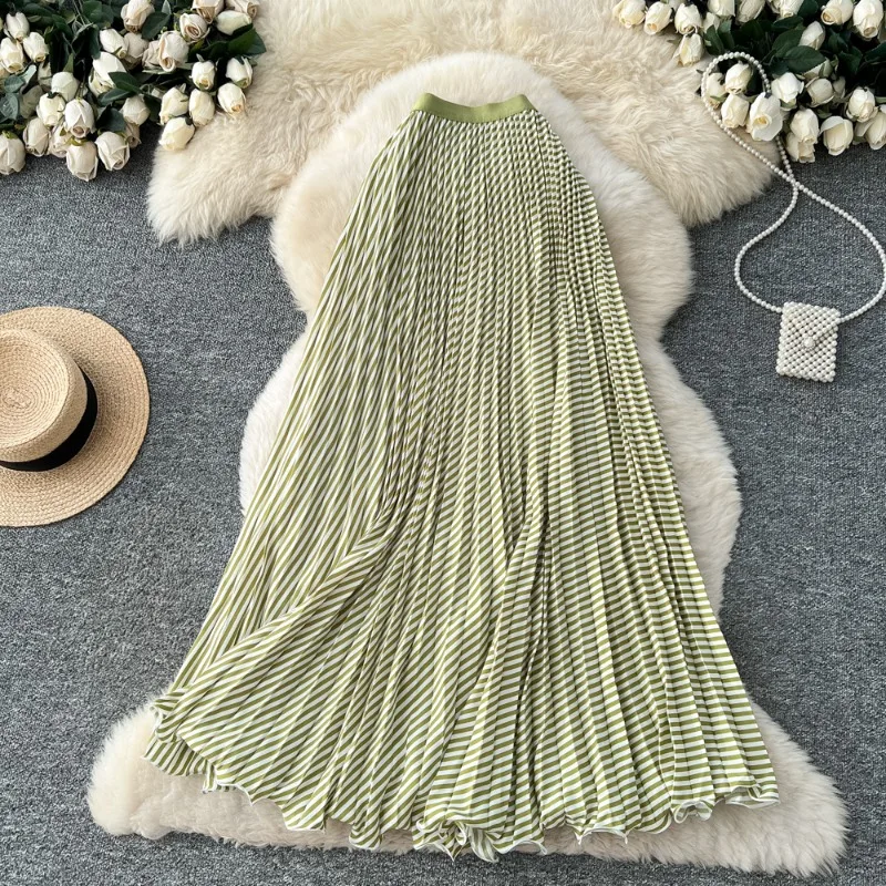 Stripes Woman Skirts A-line Spring Autumn Elegant Versatile Long Skirt Korean Fashion Sweet High Waist Faldas Mujer