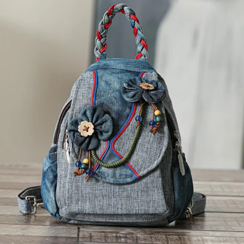 Women Retro Style Lightweight Canvas Backpack Ethnic College Schoolbag for Girls Multi Pocket Handwoven Casual Travel Bags