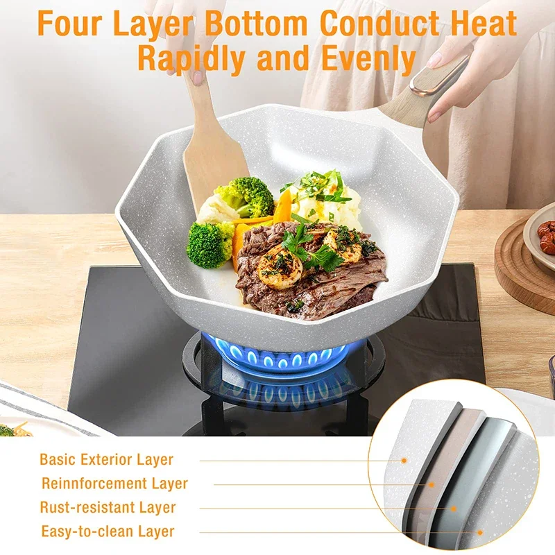 Nonstick Octagonal Wok with Lid 12.5 inch Ceramic Die-cast Induction Woks and Stir Fry Pans Dishwasher Aafety for All Atoves