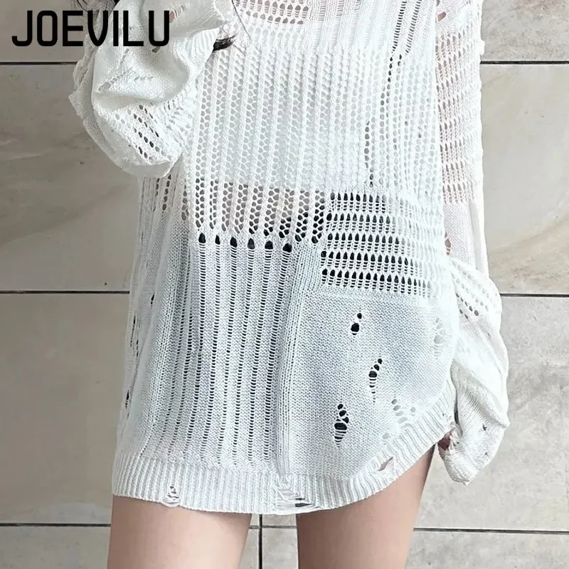 JOEVILU Hohl Stricken Bluse Sommer Lose Anliegende Lange Hülse Dünnen Pullover frauen Koreanische Casual Tops Schwarz Vintage Gothic Blusen