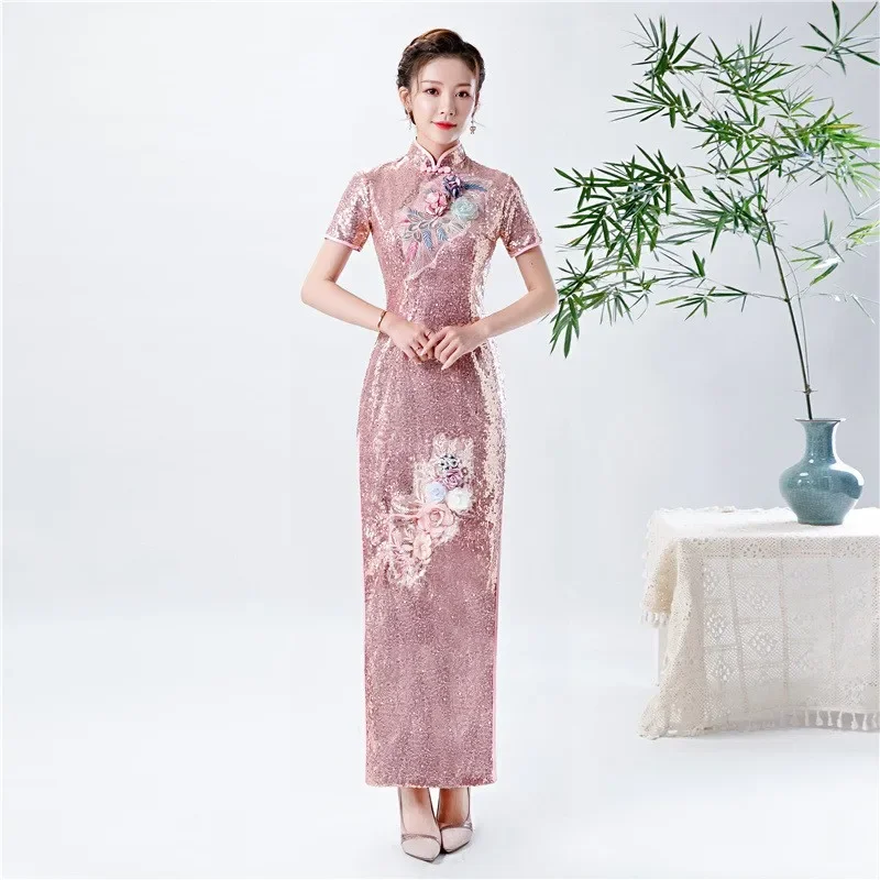 

Luxury Gorgeous Solid Women Novelty Sequins Cheongsam Lady Elegant Long Evening Party Dress Slim Bodycon Qipao Novelty