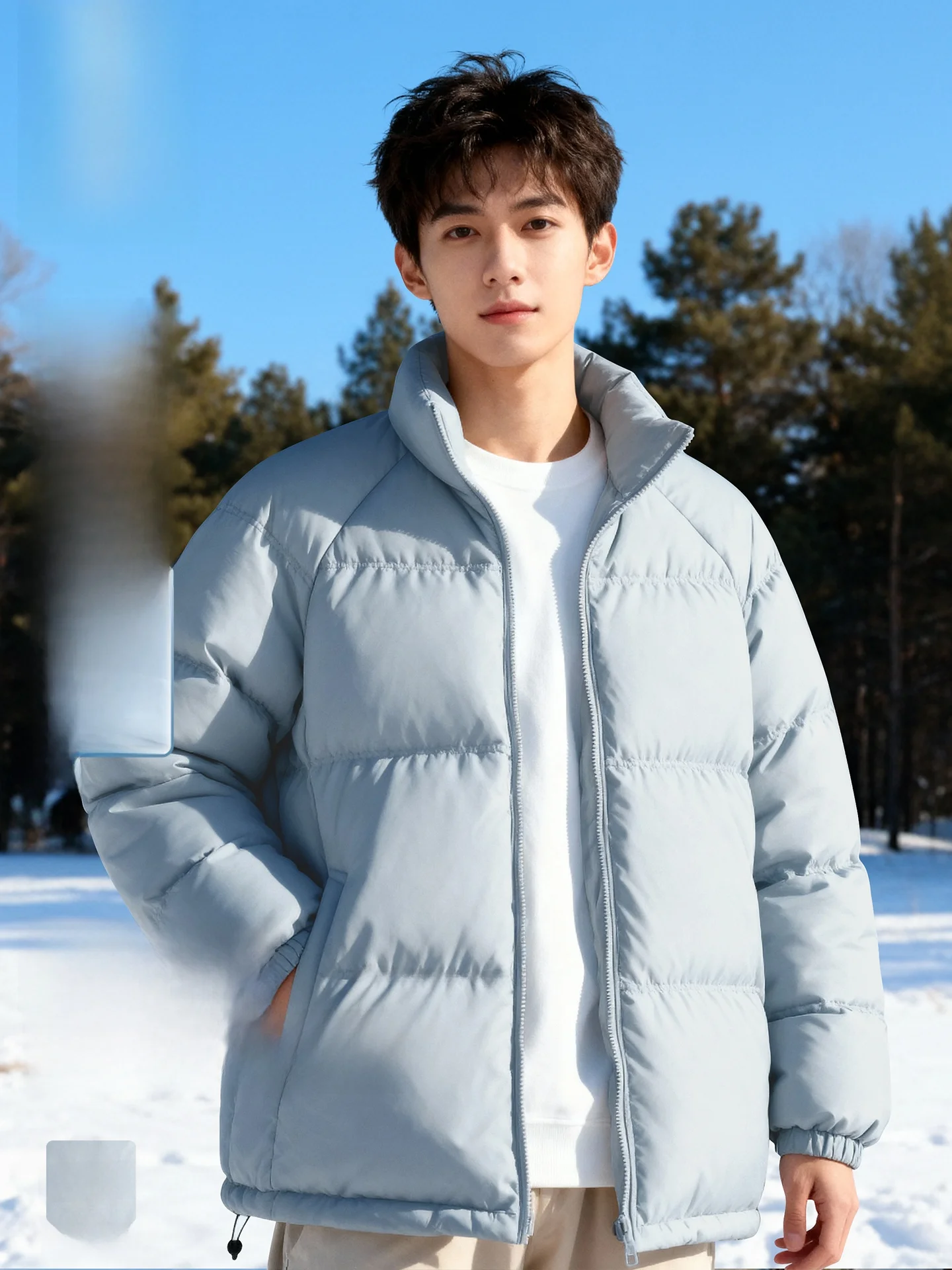 

Blue Thiened Stand Collar Men's down Jaet Winter New Sle Pure Color Bread Sle Warmth Zipper Design Polyest...