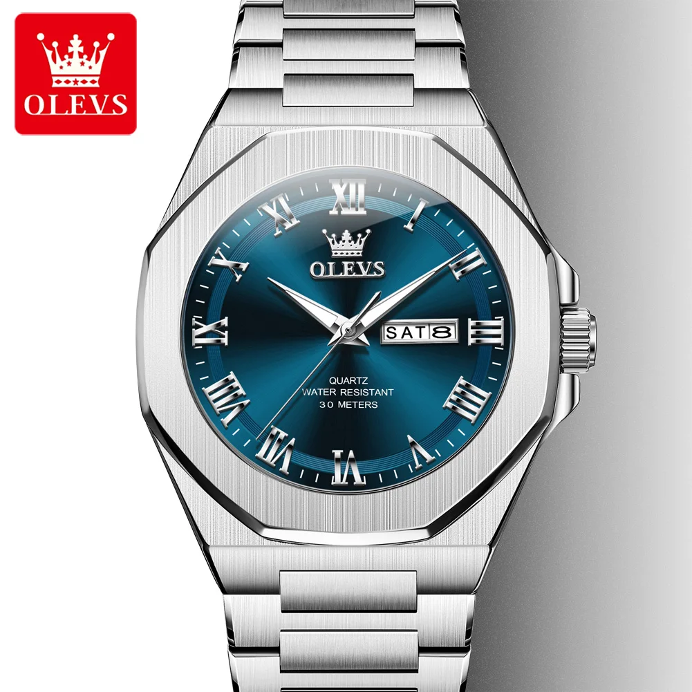 

OLEVS 3727 Original Man Watch Stainless Steel Waterproof Luminous Dual Calendar Luxury Brand Roman Scale Quartz Wristwatches Men