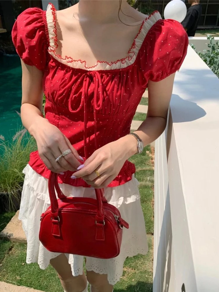 2025 여성용 스윗 탑 블라우스, 스퀘어 칼라 퍼프 소매 튜닉 셔츠, 빈티지 물방울 무늬 붕대 리본 여름 블라우스