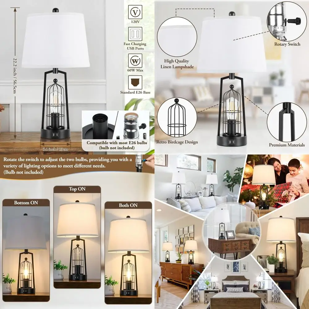 소박한 2-USB 농가 책상 램프 한 쌍, 거실, 침실 및 침실용 흰색 갓이 있는 검은색 산업 스타일 침대 옆 조명