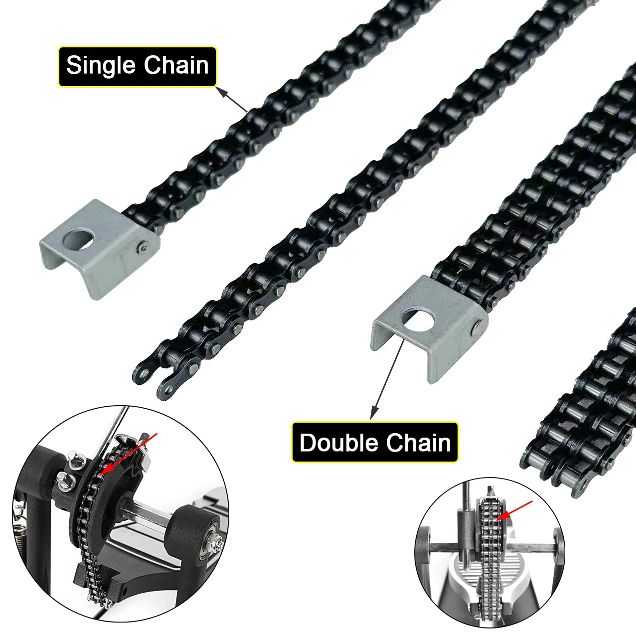 Bass Drum Foot Pedal Chain - Single/Double Chain Drive - Assembly Percussion Instrument Parts & Accessories (Metal, Black)