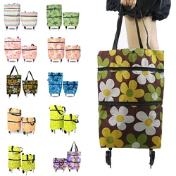 Foldable Shopping Cart with Wheels Folding Carrying Bag Waterproof Rolling Trolley Handbag Fabric Supermarket Grocery Cart Bag