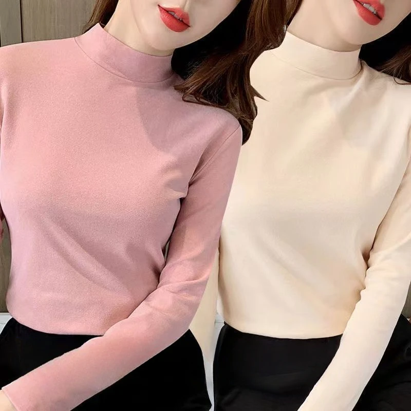 Solid Velvet High Collar Warm Base Shirt Strecth Casual and Regular Blouse Long Sleeve T-Shirt for Women Tees Shirts and Blouses