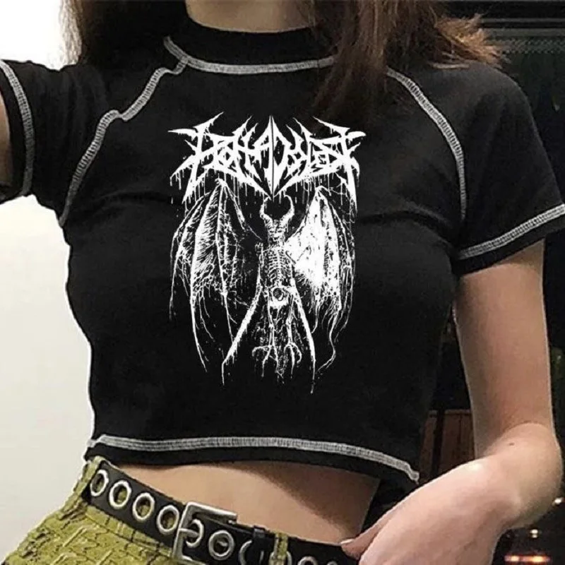 

New Fashion Women's T-shirt Harajuku Crop Top Harajuku Retro Korean Black Demon Punk Gothic Anime Print Clothes Slim Anime