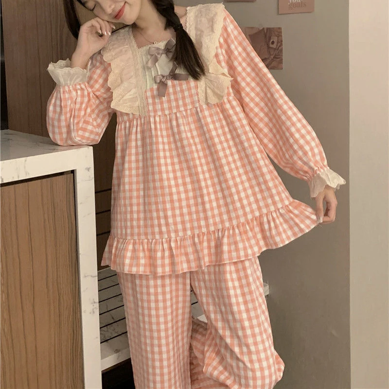 Plaid Sleepwear Women Pajama Sets Square Collar Piiama Lace Pants Sets 2 Pieces Long Sleeve Autumn Night Wears Korean Home Suit